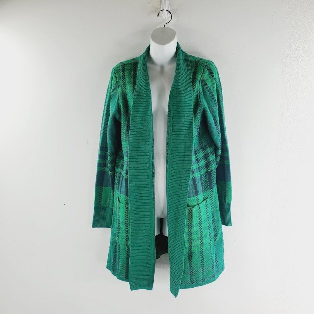 Isaac Mizrahi Women's Green Plaid Long Sleeve Open Front Cardigan Sweater Size M - Picture 2 of 8